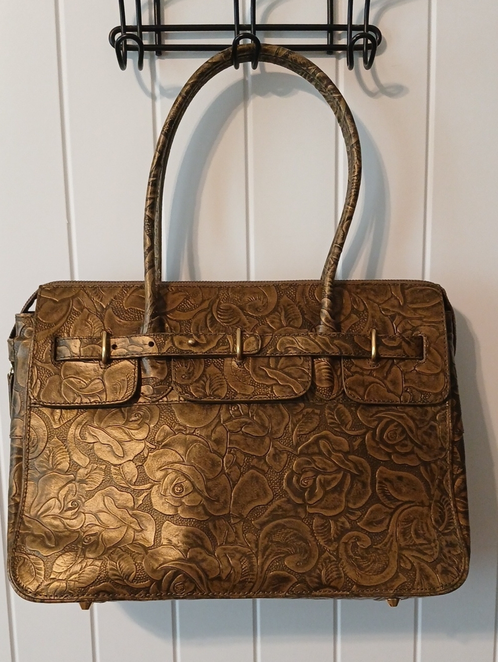 Maxx New York Embossed Floral Satchel in Metallic Gold